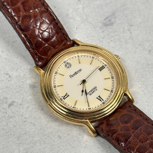 VTG Armitron Watch Mens 34mm Diamond Quartz Gold Tone Roman Numeral New Battery - Picture 1 of 9